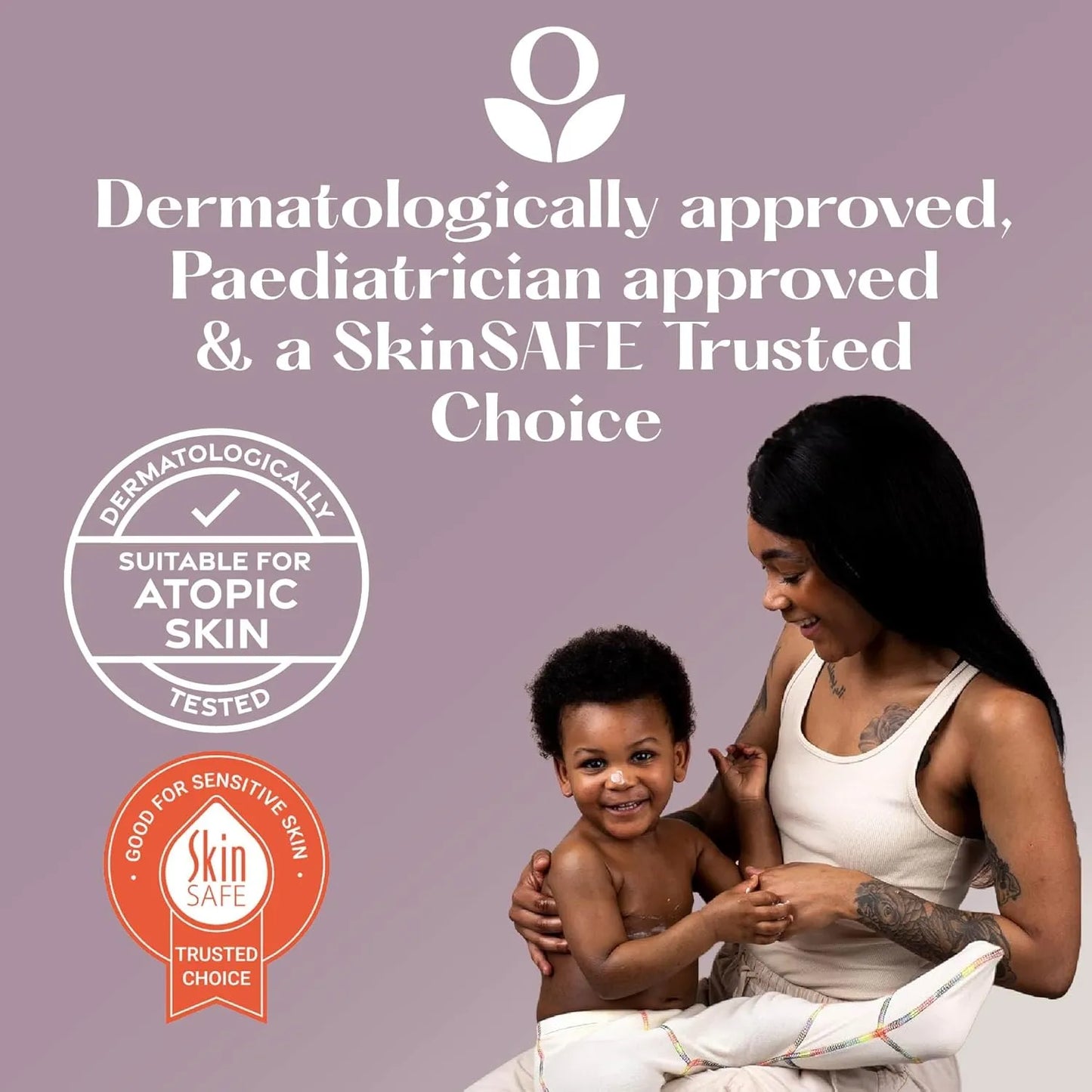 Balmonds Skin Salvation - 120ml model shot of woman and child with dermatological and pediatric approval text on a purple background