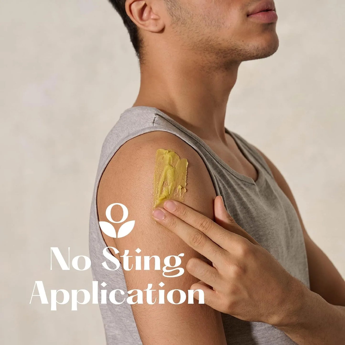 Balmonds Skin Salvation - 120ml model shot of person applying a yellow swatch to their shoulder with 'No Sting Application' text and logo