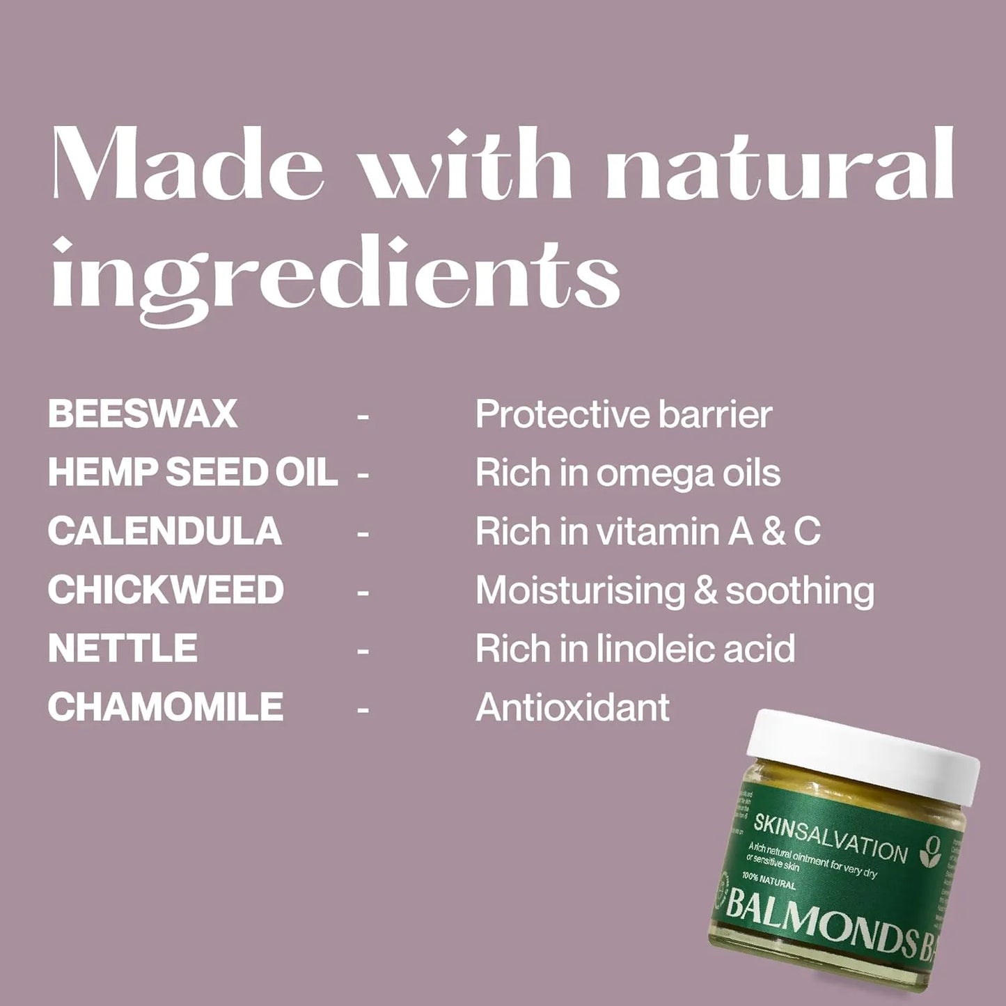 Balmonds Skin Salvation - 120ml infographic of natural ingredients list on a purple background