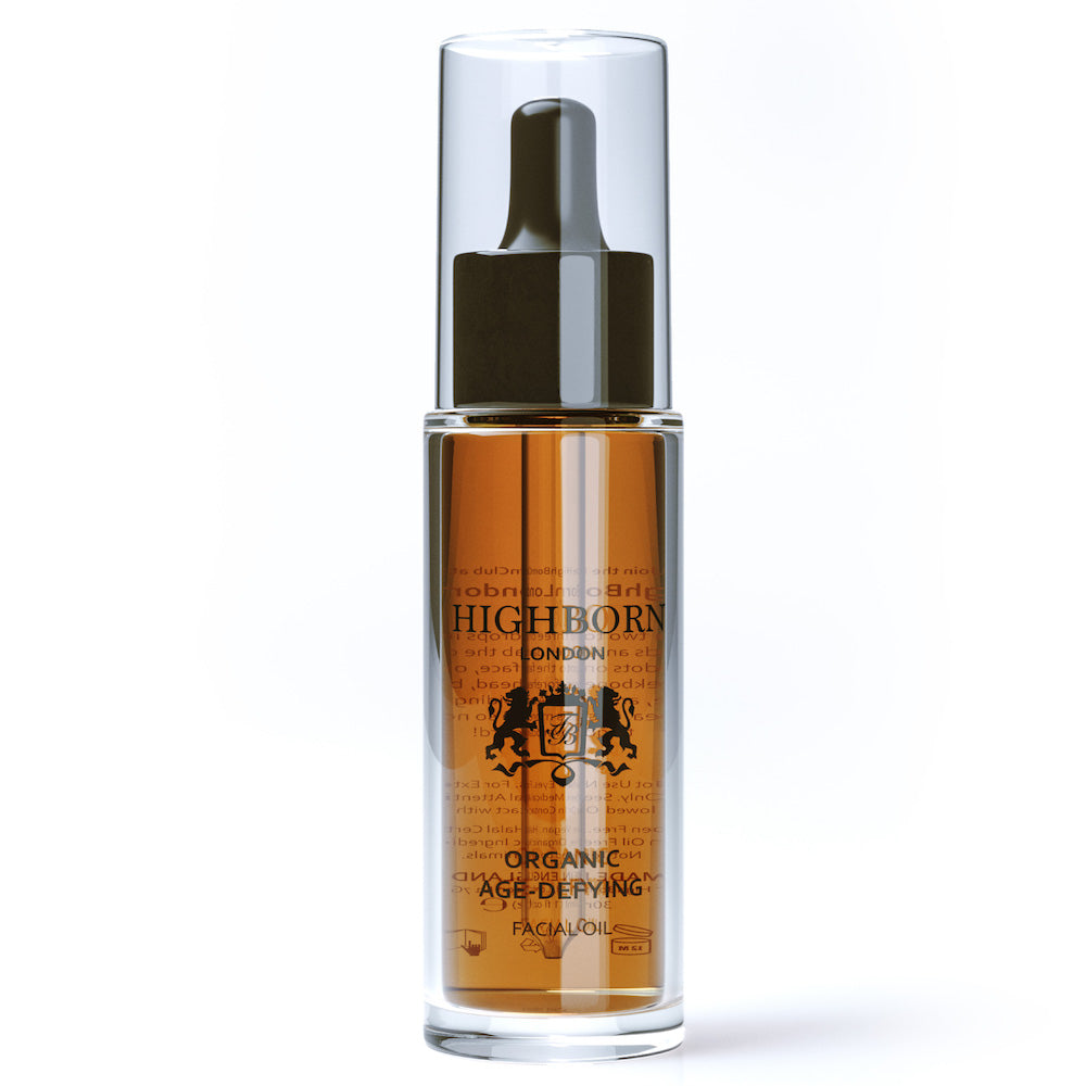 Highborn organic age-defying facial oil bottle on a white background