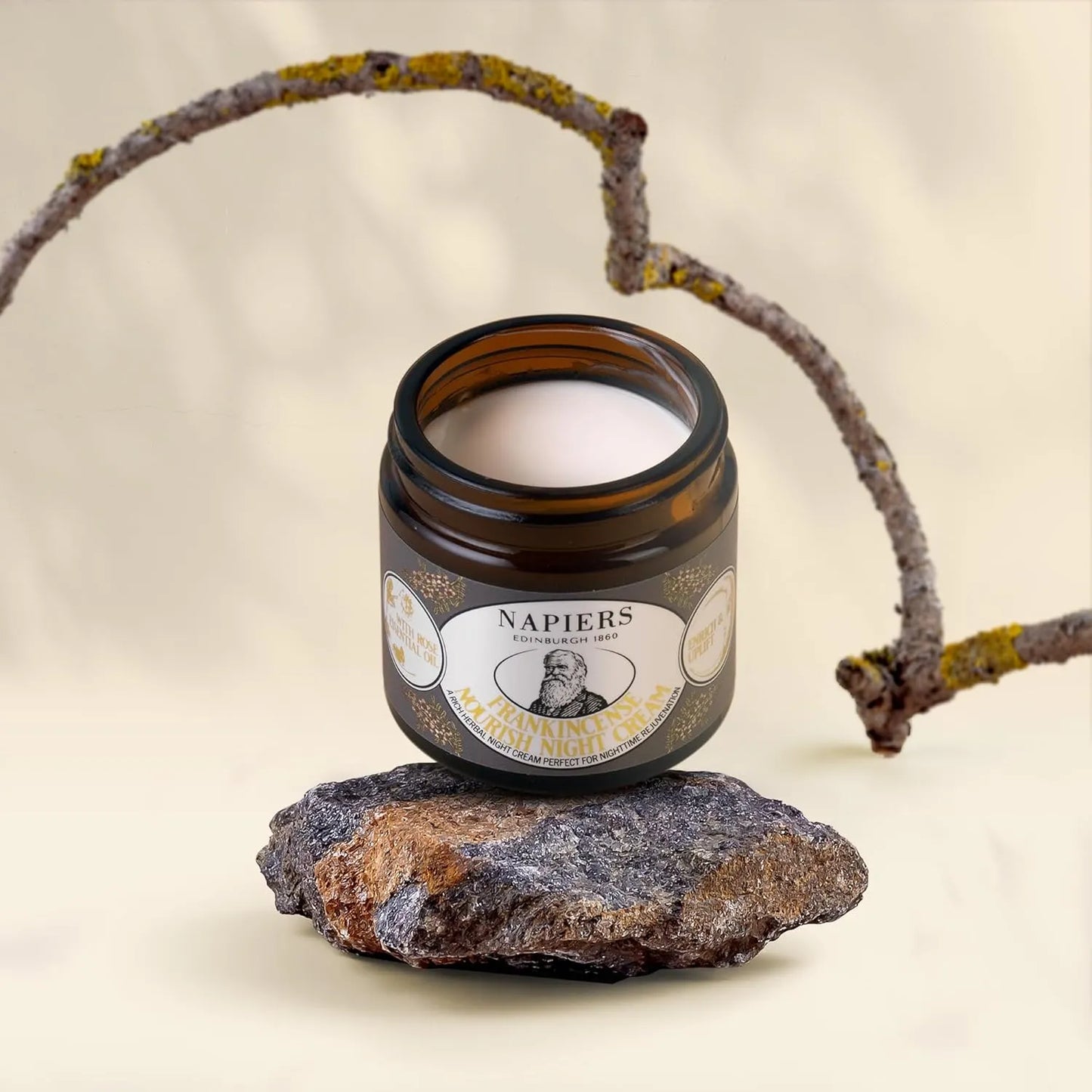 Napiers The Herbalists Frankincense Nourish Night Cream - 60ml lifestyle shot with branch