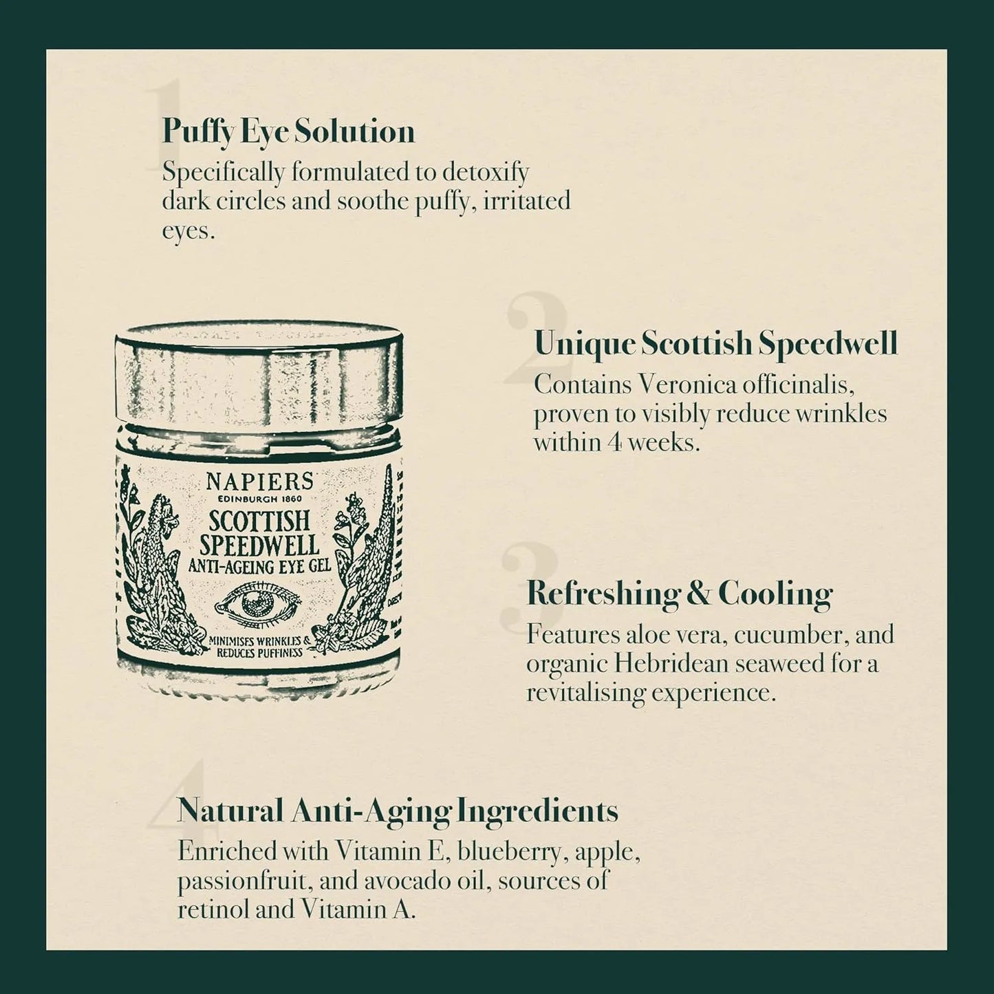 Napiers The Herbalists Speedwell Ageless Eye Gel - 30ml infographic 3 puffy eye solution
