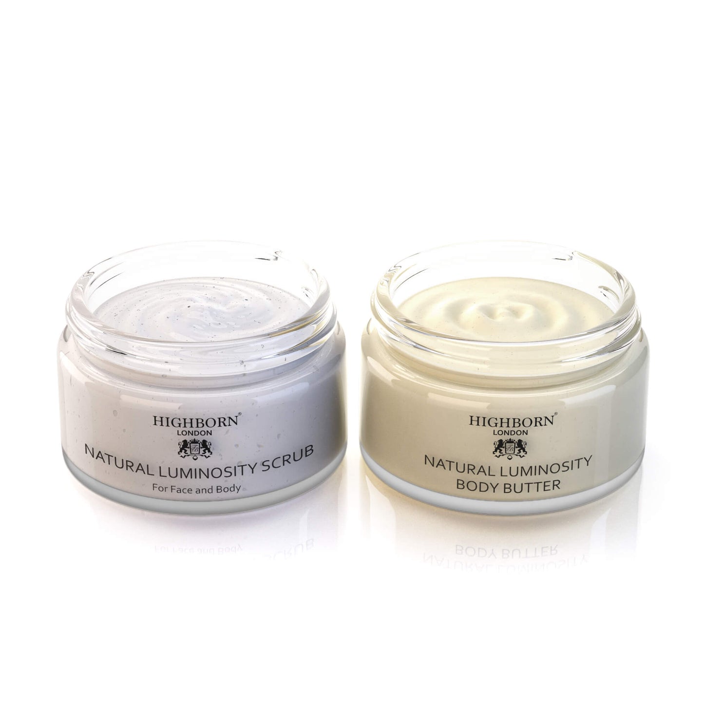 Two jars of Highborn Natural Luminosity Scrub and Body Butter on a white background