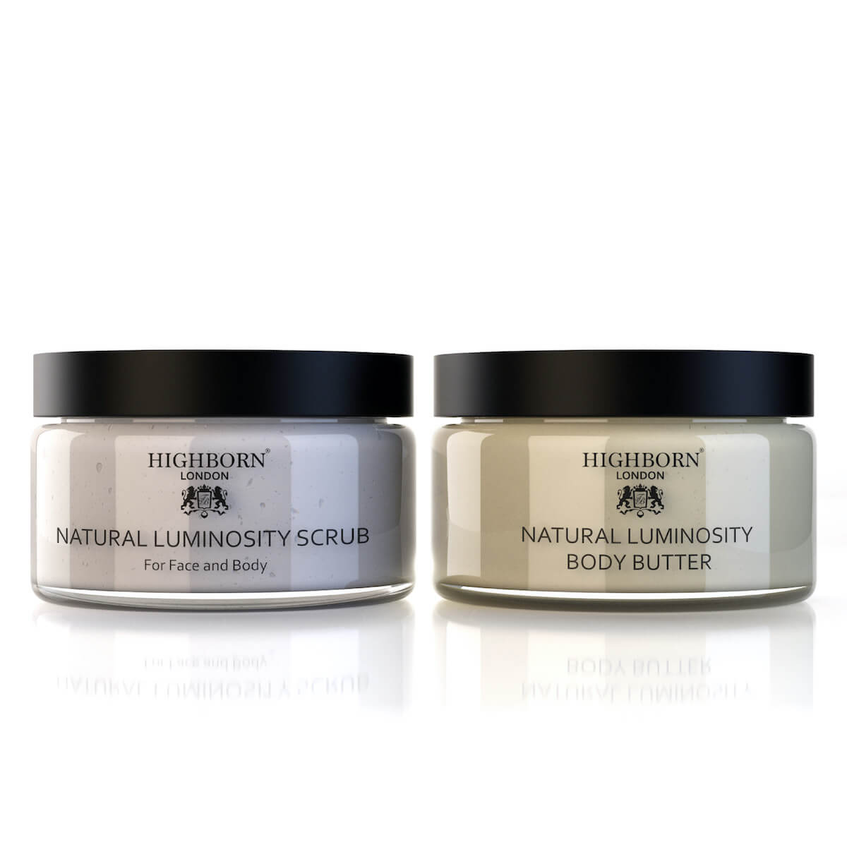 Two jars of Highborn London Natural Luminosity Scrub and Body Butter on a white background