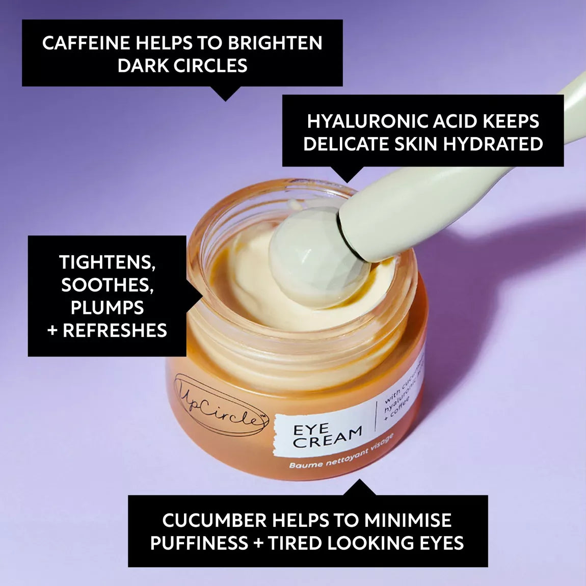 Feature list of UpCircle Beauty Eye Cream with Hyaluronic Acid + Coffee