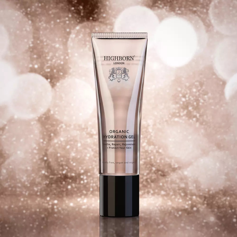 Highborn Organic Hydration Gel tube on a sparkling background