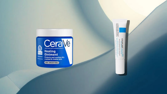 Blue CeraVe and La Roche-Posay products on a blue graphic background