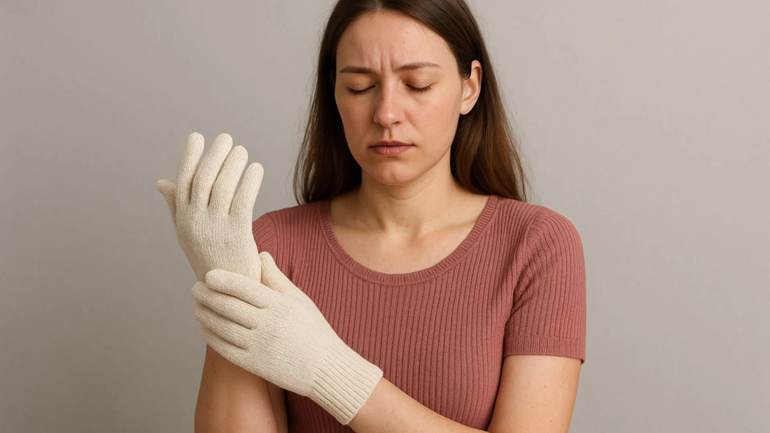 Woman in discomfort with white eczema gloves on