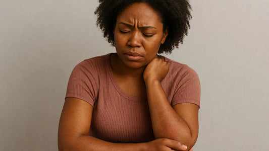 Black woman in plum colour top in distress due to eczema on arm
