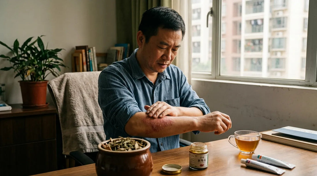 Chinese man applying herbal skin products for eczema