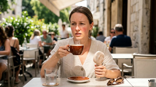 Woman with rosacea in the heat while drinking hot drink