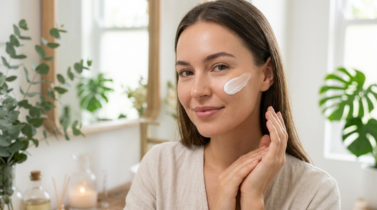 Woman with skin barrier cream on face in house