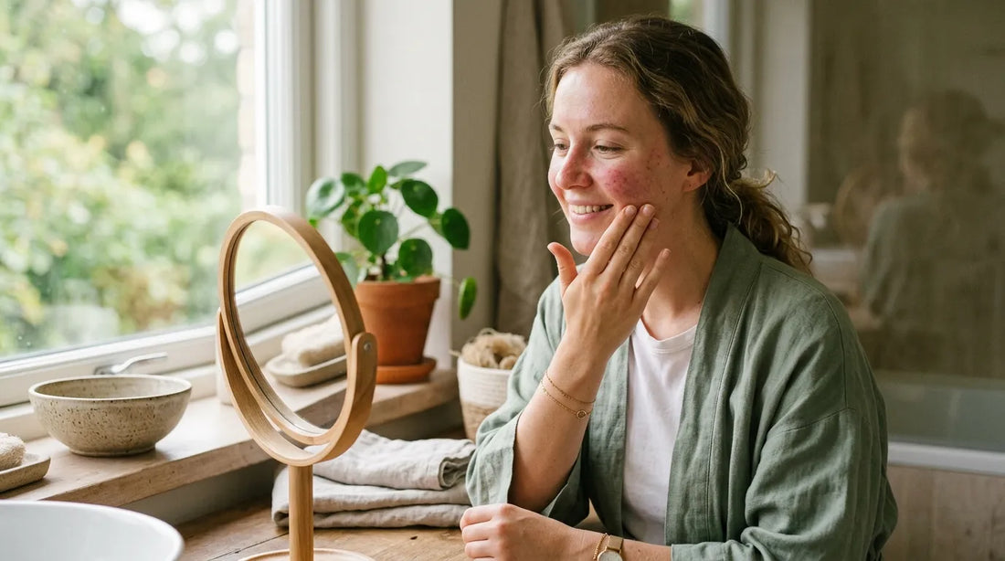 Woman with rosacea applying skincare
