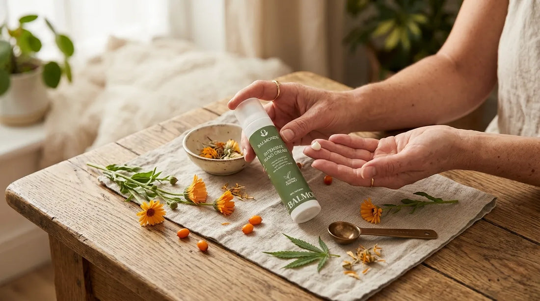 Woman holding Balmonds Intensive Hand Cream