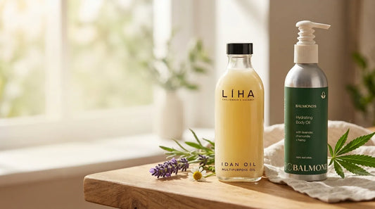 LIHA Beauty and Balmonds Body Oil on table in dining room with plants