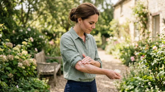 Kate Middleton using skincare product outside cottage