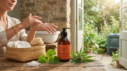 Woman using Thunderbird Rescue Cream in her garden room