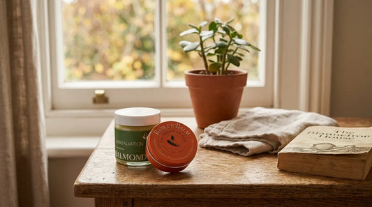 Thunderbird Rescue Balm and Balmonds Skin Salvation on table in house