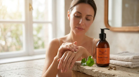 Woman applying Thunderbird Rescue Cream to hand in bathroom