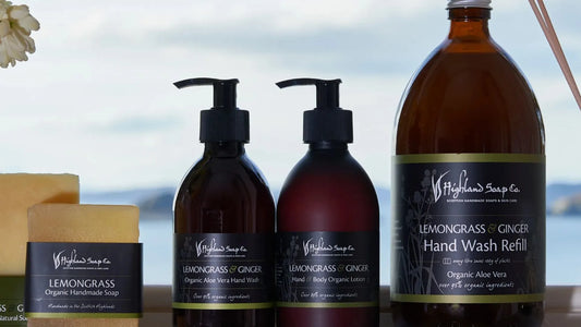 Highland products on shelf with view of lake behind