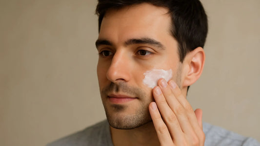 Young man applying white cream to face