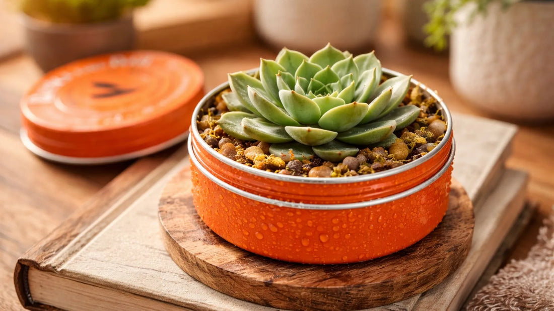 Succulent in Thunderbird Tin on a coaster
