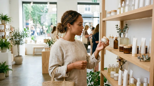Woman looking for non toxic skincare in a shop
