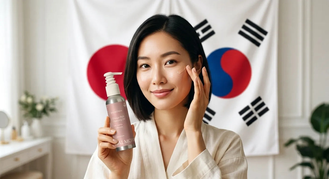 Korean woman using Balmonds face oil with Korean and Japanese flag behind her