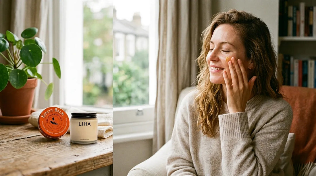 Woman using LIHA Beauty Shea Butter Gold on face in her sitting room