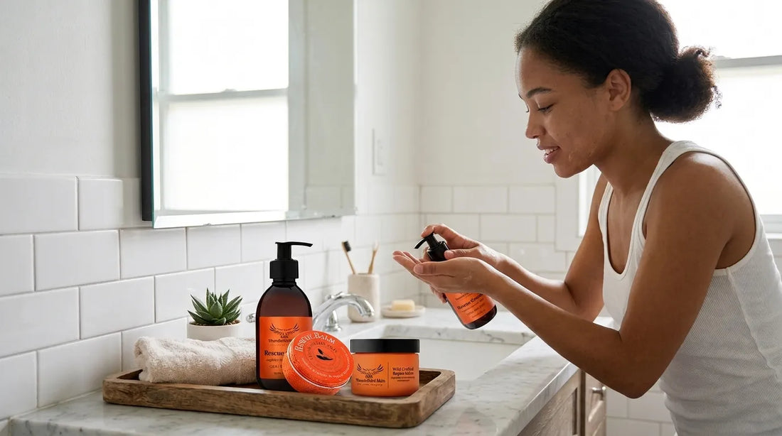 Woman using Thunderbird Rescue Cream in bathroom