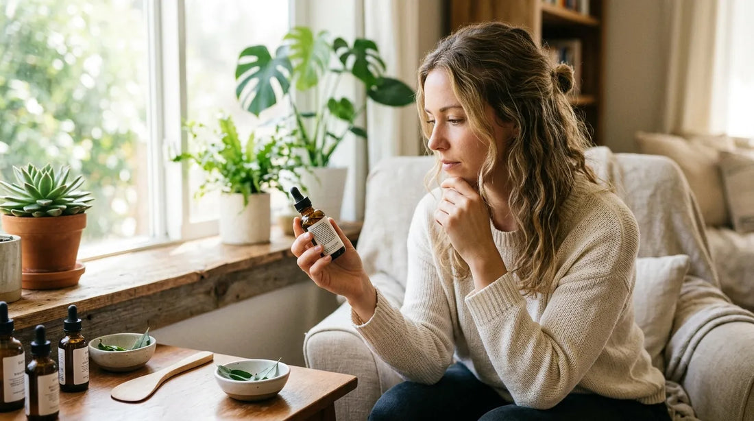 Woman looking at skincare to see if it is toxic while sitting on white chair
