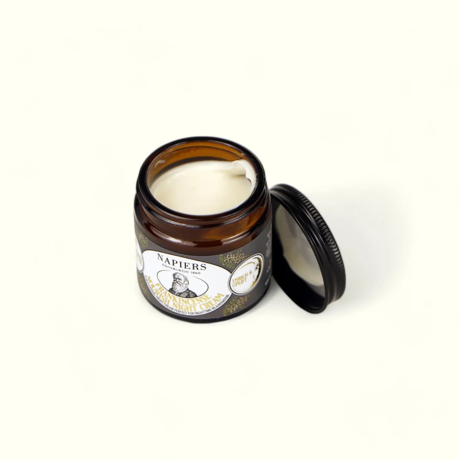 Napiers The Herbalists Frankincense Nourish Night Cream lifestyle shot with open lid
