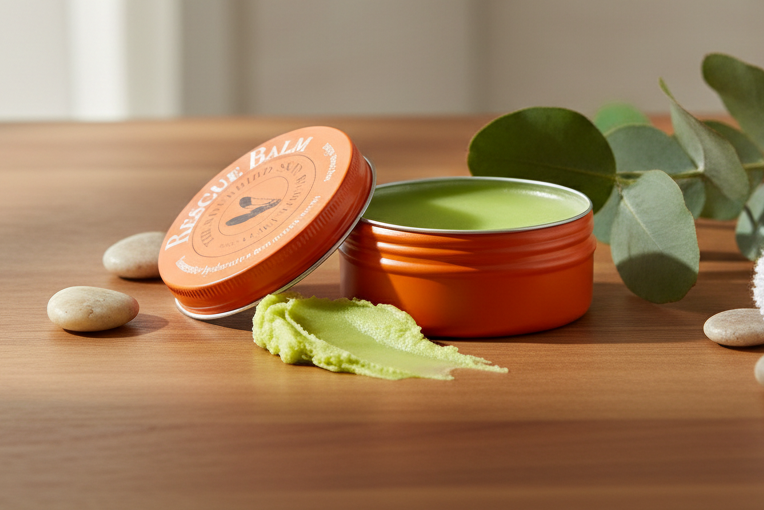 Green balm in an orange container on a wooden surface with eucalyptus leaves.