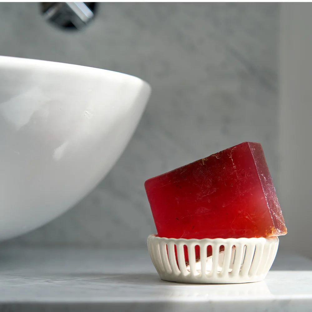 Red bar of soap in a white dish on a bathroom counter with a blurred sink in the background