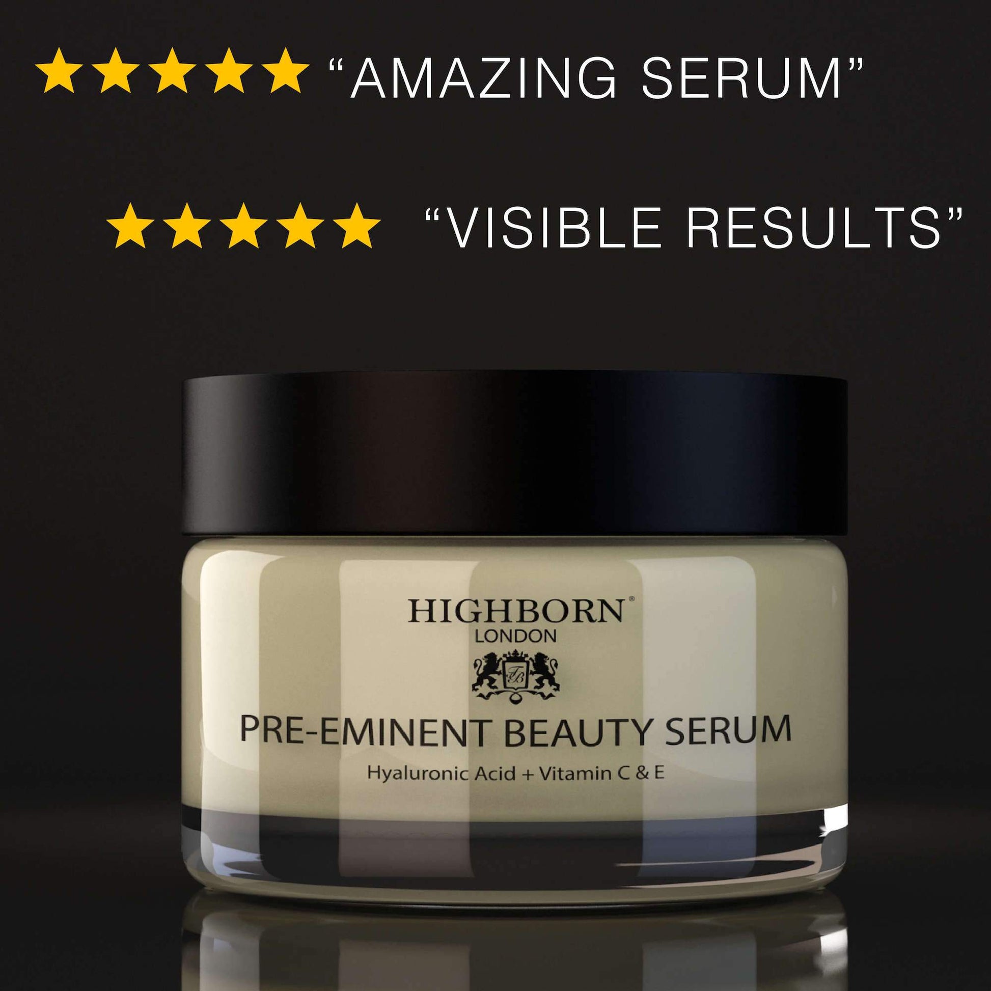 Highborn Pre-Eminent Beauty Serum jar with five-star rating text on a dark background
