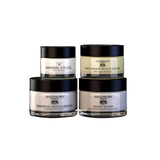 Four Highborn skincare products stacked on a white background