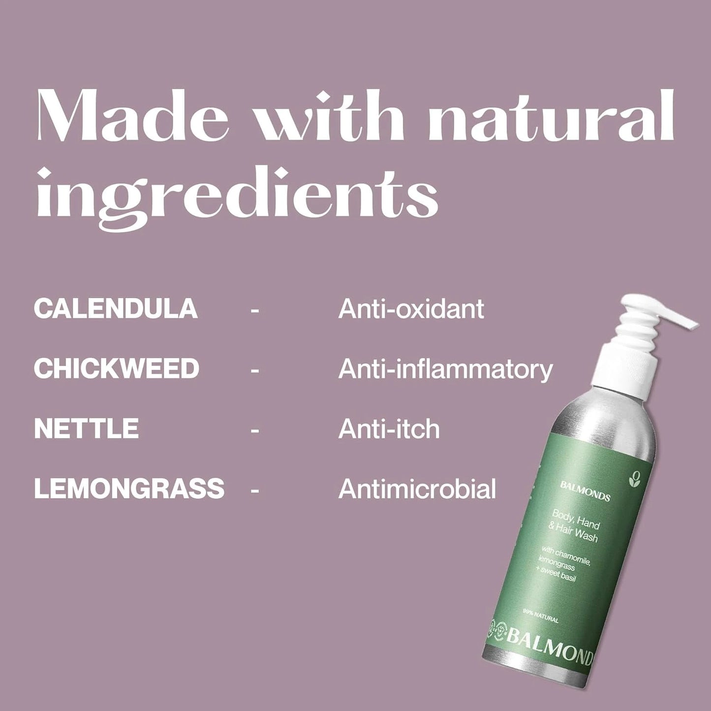 Balmonds Body, Hand and Hair Wash bottle with natural ingredients listed on a purple background