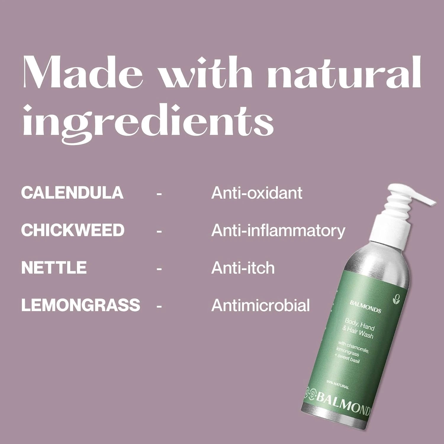Balmonds Body, Hand and Hair Wash bottle with natural ingredients listed on a purple background