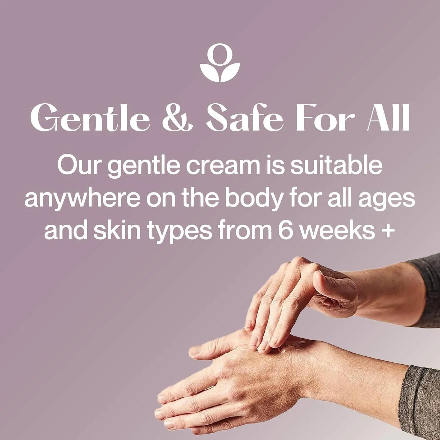 Balmonds Intensive Hand Cream - 50m infographic explaining product is a gentle cream suitable for all ages and skin types with a person applying cream to their hand
