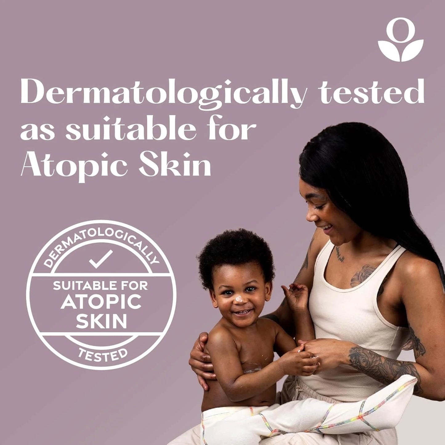 Balmonds Body, Hand & Hair Wash - 200ml model shot of woman holding a child with text about dermatological testing for atopic skin on a purple background