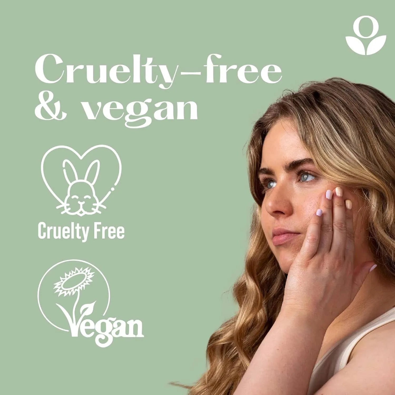 Balmonds Intensive Hand Cream - 50ml model shot of woman applying cream to her face with 'Cruelty-free & Vegan' text and icons on a green background