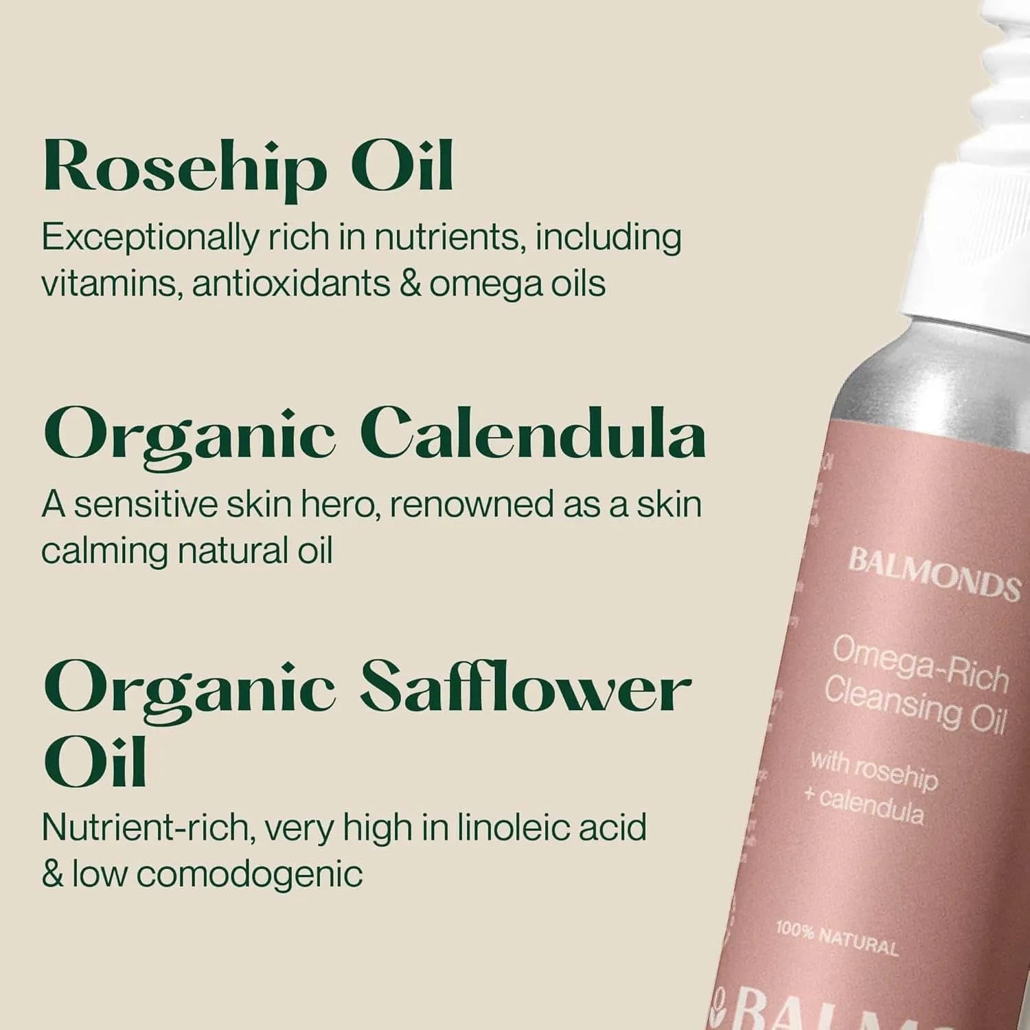 Bottle of Balmonds Omega Rich Cleansing Oil with text about rosehip oil, organic calendula, and organic safflower oil