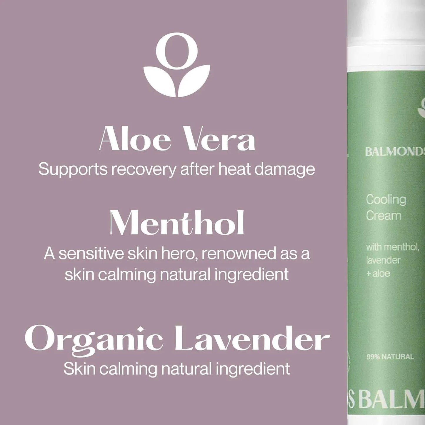 Balmond Cooling Cream with aloe vera, menthol, and organic lavender on a purple background
