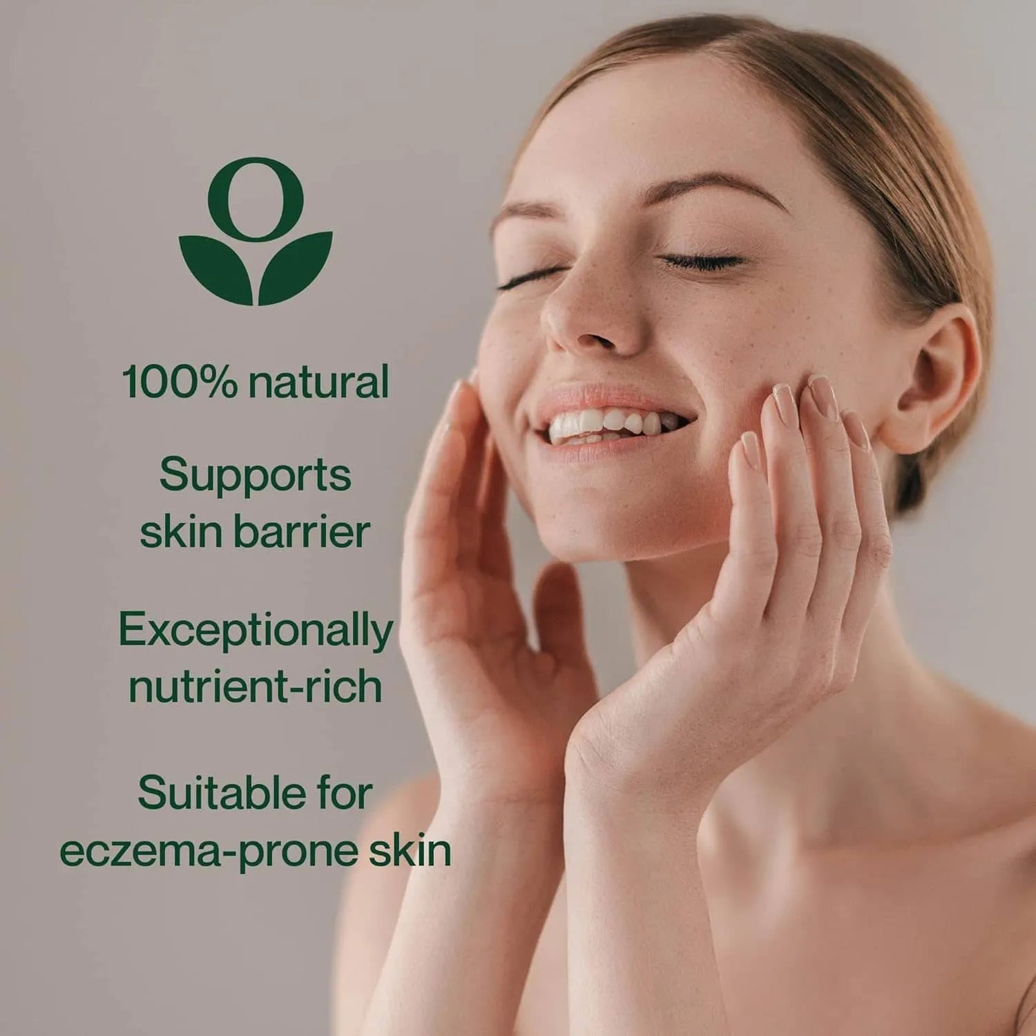 Balmonds Omega Rich Cleansing Oil - 125ml model shot of woman touching her face with a green logo and text about skincare product benefits