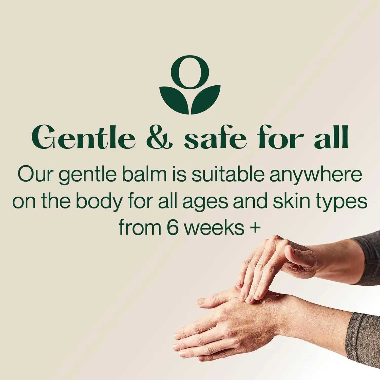 Balmonds Cooling Cream - 100ml hand shot with text explaining it's a gentle balm suitable for all ages and skin types with a person applying the balm to their hands