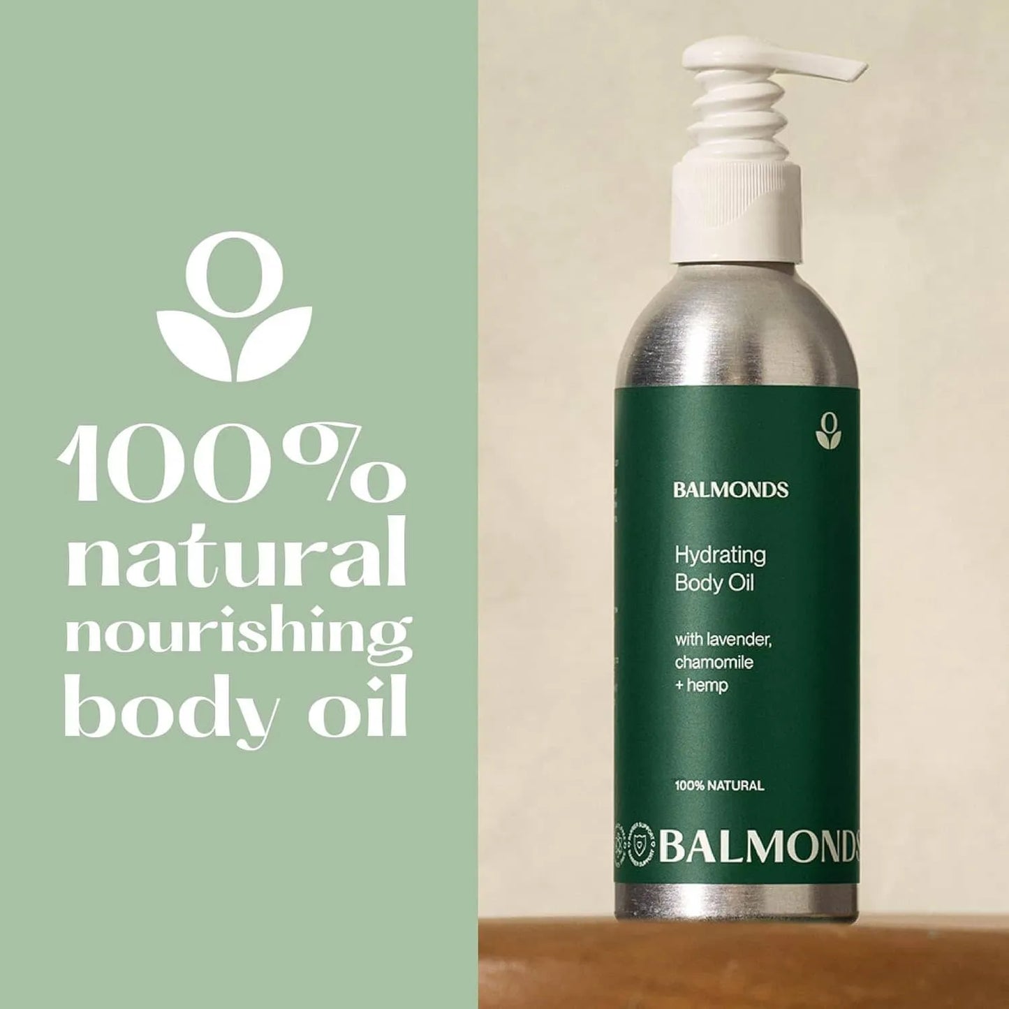 Balmonds Hydrating Body Oil bottle with green label on a beige background