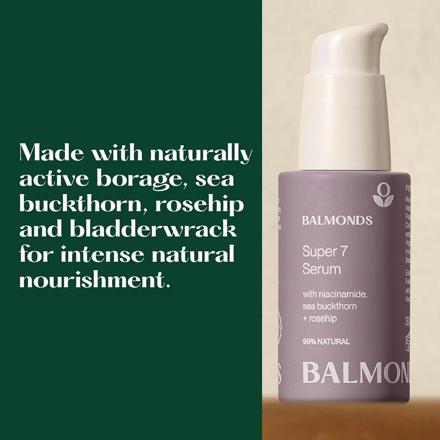 Balmonds Super 7 Serum bottle with text about natural ingredients on a green and beige background