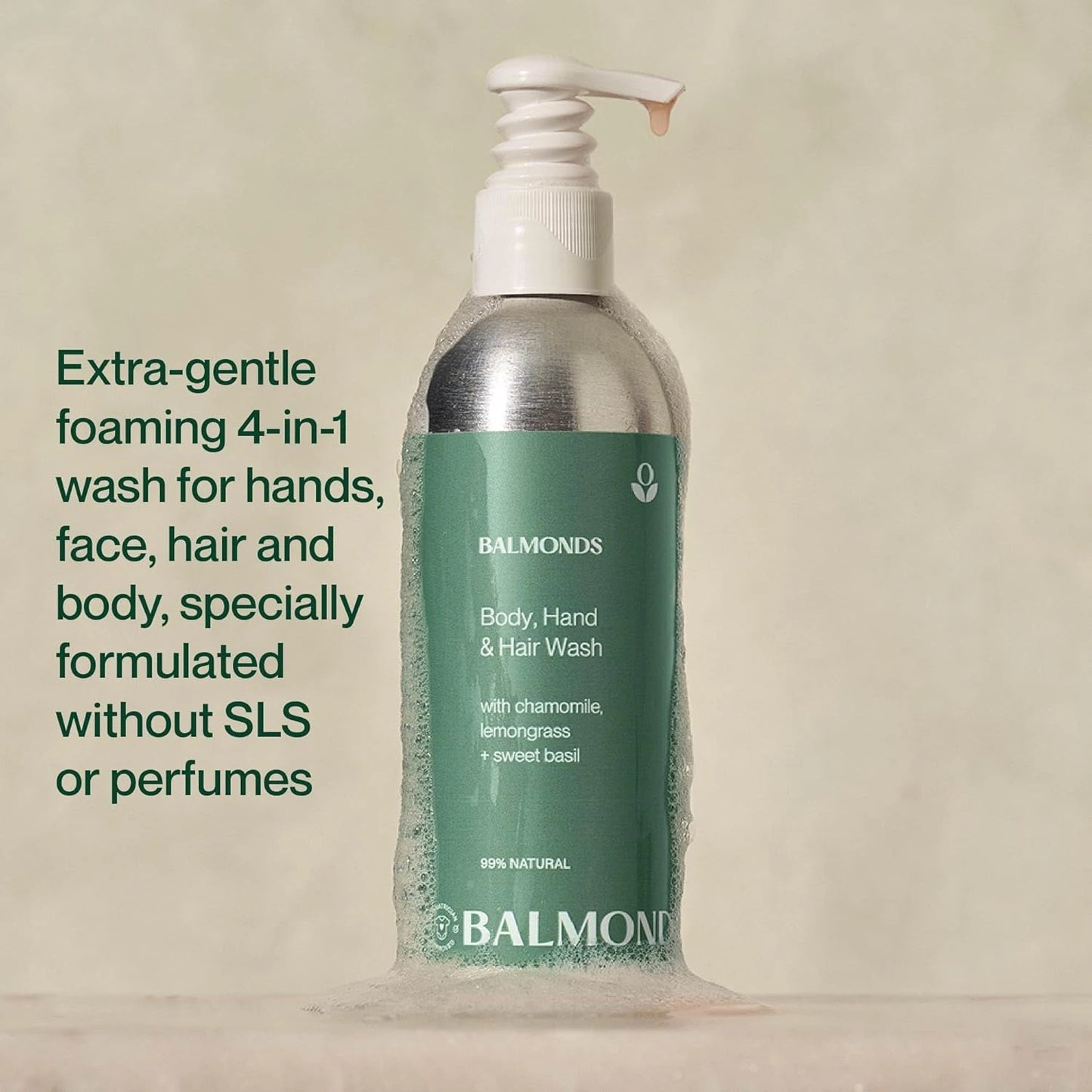 Bottle of Balmonds Body, Hand, and Hair Wash with text on a beige background