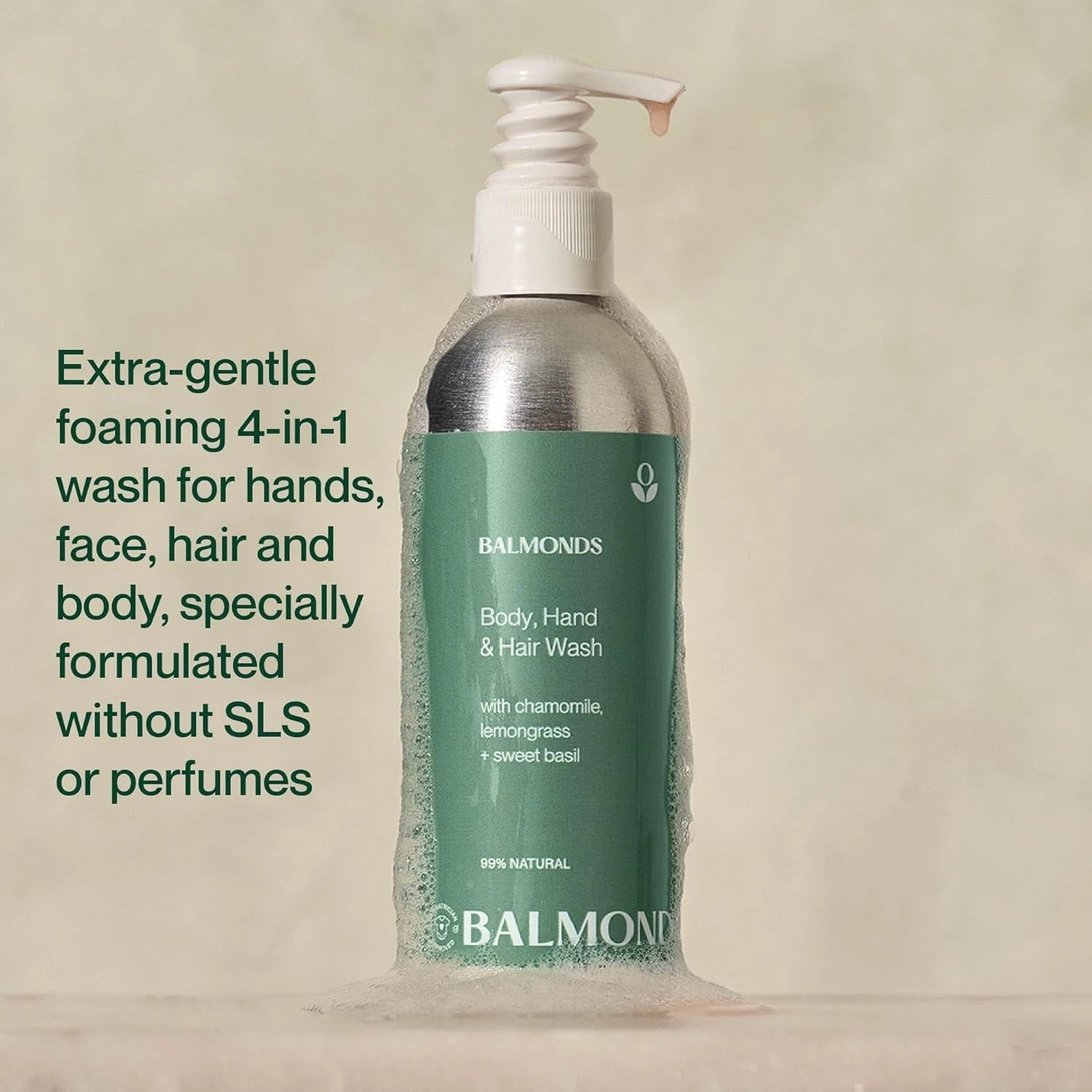 Bottle of Balmonds Body, Hand, and Hair Wash with text on a beige background