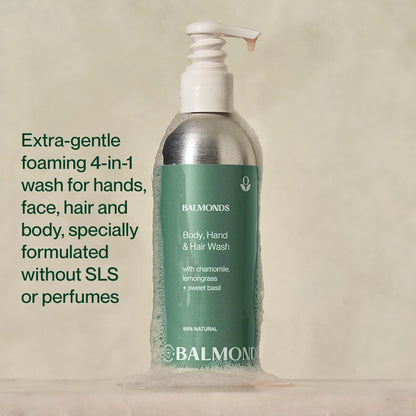 Bottle of Balmonds Body, Hand, and Hair Wash with text on a beige background